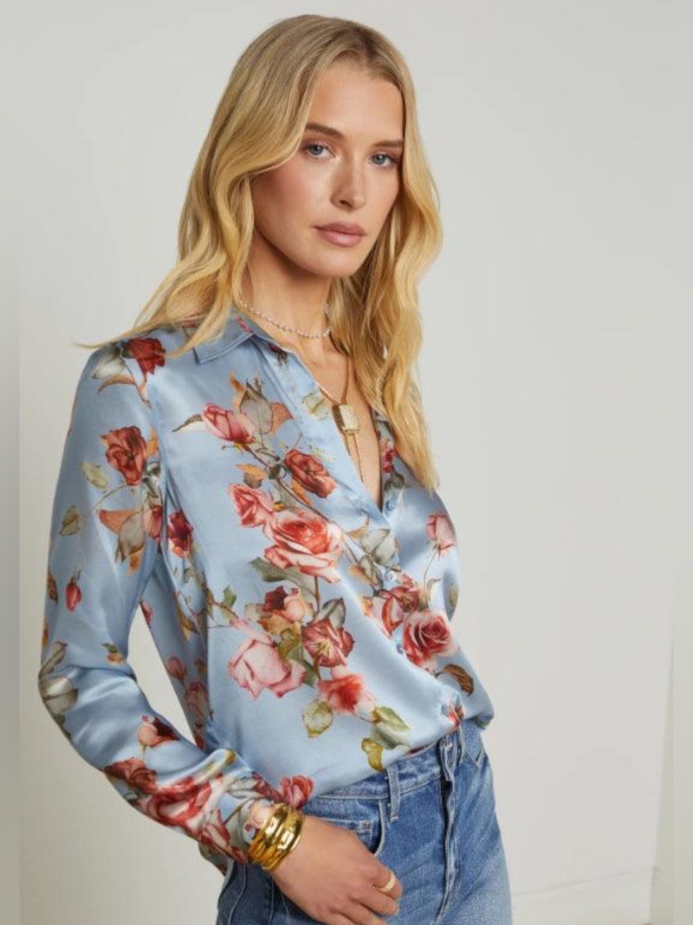 L'AGENCE Tyler silk floral shirt blue tapestry NWT